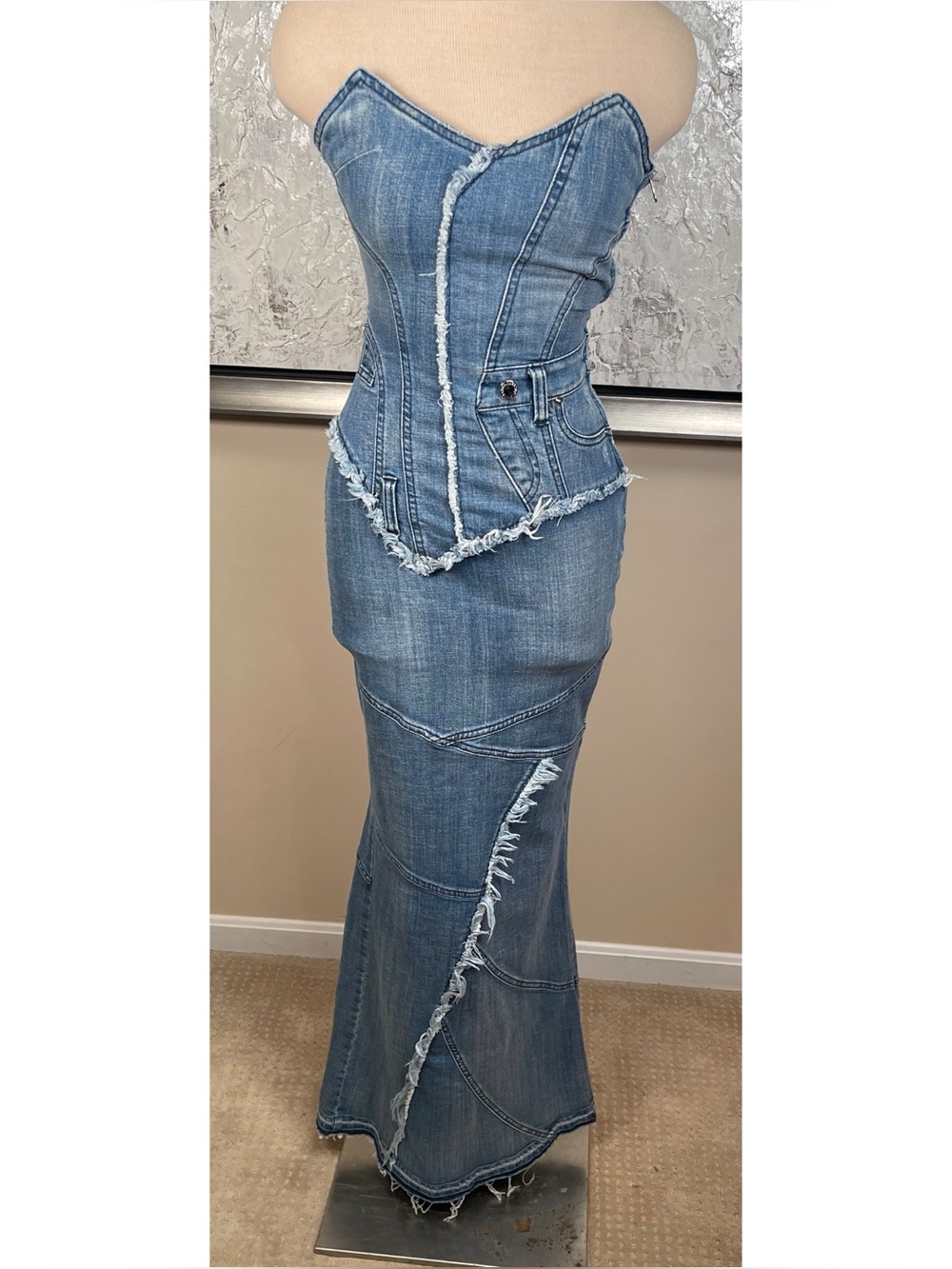 RETROFETE Tamara Strapless Denim Lace Up Maxi Dress Size XS - Picture 3 of 8
